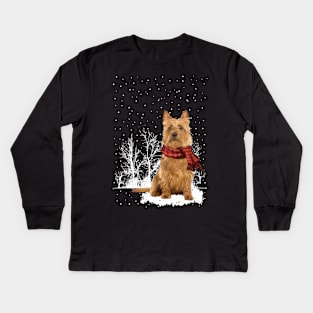 Christmas Australian Terrier With Scarf In Winter Forest Kids Long Sleeve T-Shirt